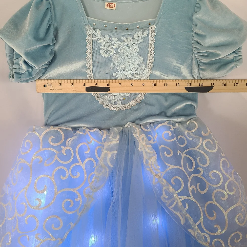 Light Up Blue Princess Costume Dress Girls Size 150 Cinderella Style LED Tulle
